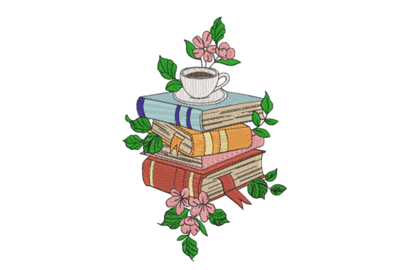 Books Coffee Floral Embroidery Design